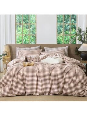 NEW MooMee Gingham Duvet Cover Set 100% Washed Cotton Linen Like Texture, King